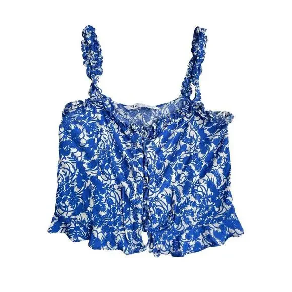 Zara Blue & White Floral Ruffle Crop Tank Top - Size Medium - Picture 3 of 9